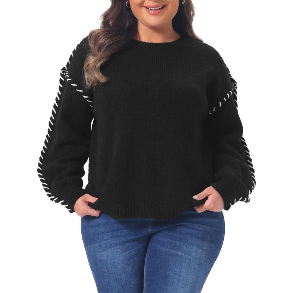 Women Plus Size Round Neck Pullover Sweater Knit Tops Black